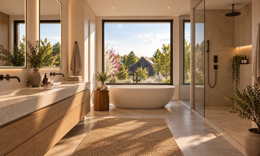 Bathroom with a freestanding bath, walk-in shower and a large picture window (placeholder image)