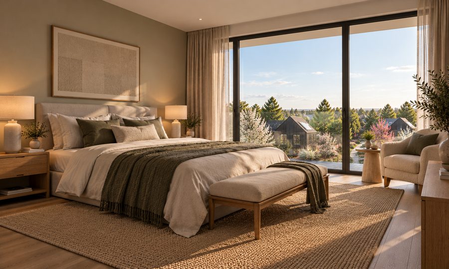 Bedroom in soft neutrals with a wall of glazing framing treetops (placeholder image)