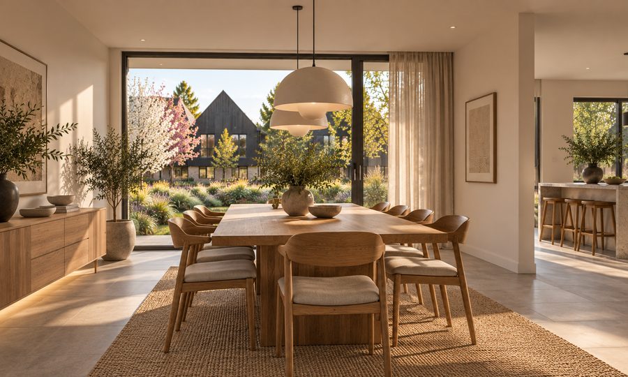 Dining table beneath pendant lights, with glazing onto planted gardens and gabled homes beyond (placeholder image)