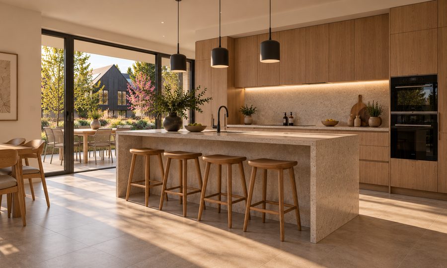 Kitchen with a stone island and oak cabinetry (placeholder image)