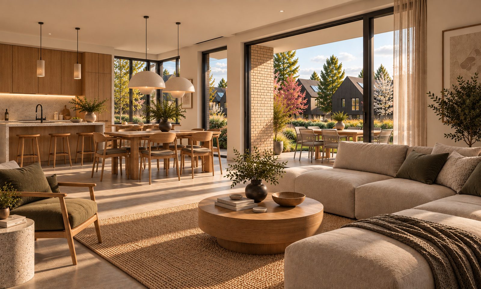 Open-plan living room with a deep sofa, oak joinery and full-height glazing onto the garden (placeholder image)